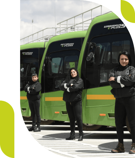 Tres operadoras de La Rolita junto a un bus verde cada una.