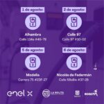 Cuatro puntos de la Red Pública de Cargadores para Vehículos Eléctricos estarán en mantenimiento 1 de agosto: Alhambra, Calle 114a #45-78 2 de agosto: Calle 97, Calle 97 #10-02 5 de agosto: Modelia, Carrera 75 #23F-27 6 de agosto: Nicolás de Federmán, Calle 58aBis #37-28