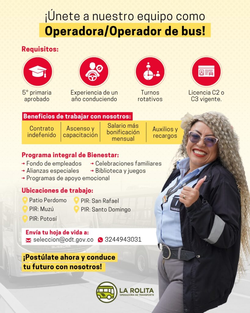 Mujer operadora de bus con la mano arriba y la lista de requisitos para ser operadora y operador de bus.